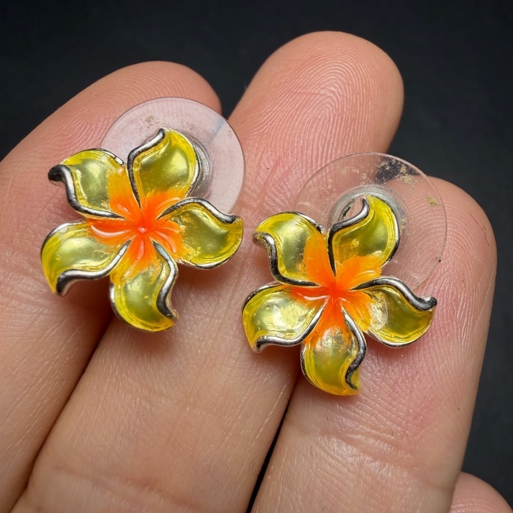 Plumeria Flower Stud Earrings Orange Yellow Tropical Hawaiian